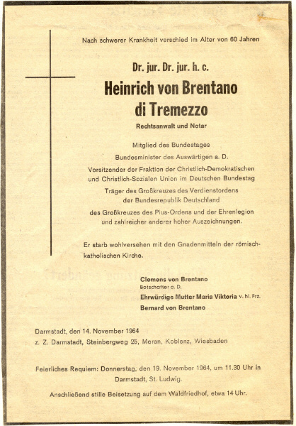 Traueranzeige Heinrich von Brentano, 1964