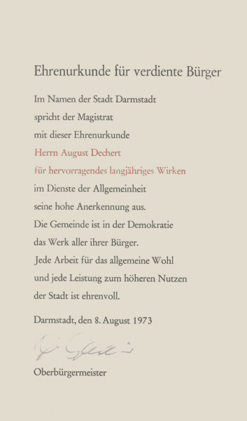 Ehrenurkunde für August Dechert, verdiente Bürger Darmstadts, 1973